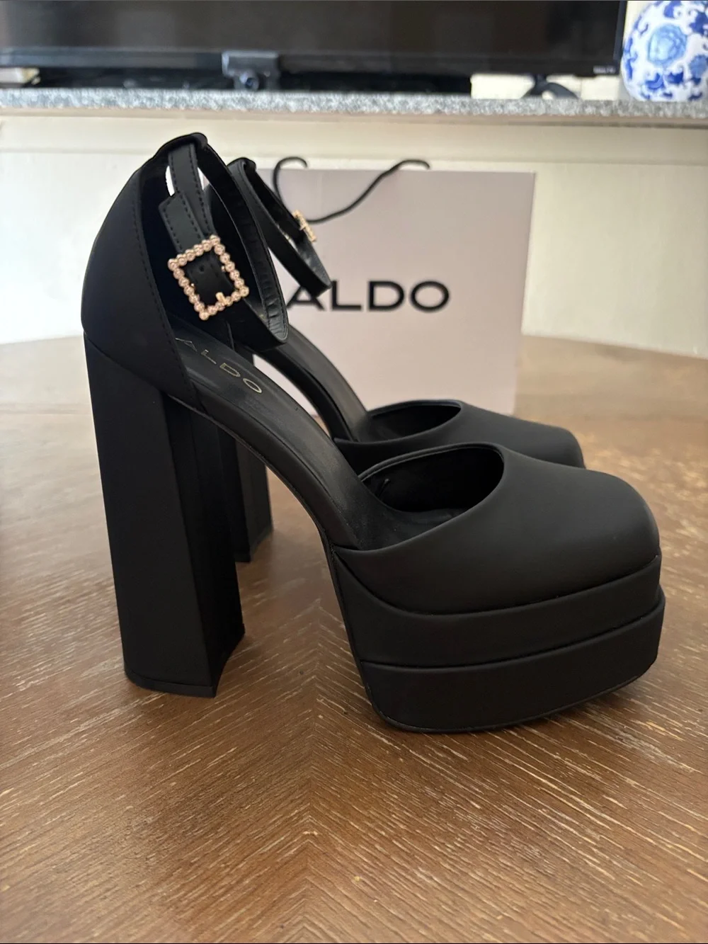 ALDO Grandle double-platform block-hell square toe rhinestone strap 6” heels